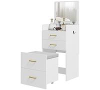 HOMCOM Table de maquillage 3 en 1 avec tabouret pivotant, table de cosmétiques avec miroir rabattable, coiffeuse avec 3 tiroirs, meuble de coiffure pour la chambre à coucher, blanc