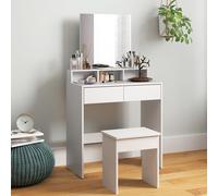 HOMCOM Table de Maquillage avec Miroir, 3 Étagères, 2 Tiroirs et Tabouret, en Bois, 75x38x135 cm, Blanc