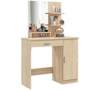 HOMCOM Table de maquillage avec miroir, station de maquillage avec tiroir, armoire, étagères ouvertes et étagère réglable, table de toilette pour chambre à coucher, moderne, 90x38x138 cm, couleur bois
