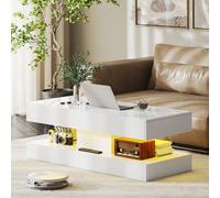 HOMCOM Table de Salon avec Tiroirs et Lumières LED, Table de Café Moderne avec Étagère Ouverte, Table Basse, Panneau de Particules, Blanc