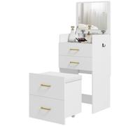 HOMCOM Table Maquillage 3-en-1, Tabouret Roulant, Miroir Pliant, Blanc