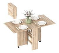 HOMCOM Table à manger table de cuisine pliante mobile sur roulettes 2 plateaux rabattables et 2 étagères intégrées 140 x 80 x 74 cm naturel