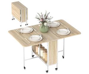 HOMCOM Table pliante de salle à manger Table de cuisine pliable avec roues ailes rabattables et étagère Table pliante pour salon 130 x 80 x 74 cm Bois naturel