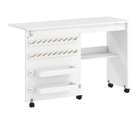 HOMCOM Table pour Machine à Coudre Pliante avec Porte Magnétique 2 Compartiments Étagère 18 Supports pour Bobines 5 Roulettes Blanc