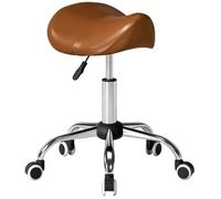 HOMCOM Tabouret à roulettes Hauteur Réglable 49-61 cm Marron | Tabouret de Massage, Chaise de Travail à Roulettes Pivotant 360°, Selle Ergonomique Réglable, Salon Tatouage Clinique Spa