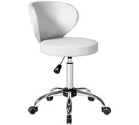 HOMCOM Tabouret à roulettes, Tabouret de Massage en PU avec Hauteur réglable 73-88cm et Dossier, Chaise de Travail pivotant 360°, Cadre en Acier, pour Salon de Massage, Tatouage, Clinique, Spa, Blanc
