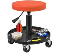 HOMCOM Tabouret d'atelier à 5 roulettes pivotantes 360°, Hauteur Ajustable 38-50 cm, Tabouret de mécanicien avec Plateau à Outils, siège d'atelier pour Garage, Charge maximale 135 kg, Orange
