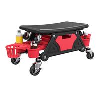 HOMCOM Tabouret d'atelier Mobile Charge Max 135 kg, Tabouret de mécanicien avec roulettes Rotatif à 360° avec Plateaux, tiroir et Porte-Bouteilles, siège Roulant pour réparation Auto Garage, Rouge