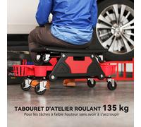 HOMCOM Tabouret d'atelier mobile charge max 135 kg, tabouret de mécanicien avec roulettes rotatif à 360° avec plateaux, tiroir et porte-bouteilles, siège roulant pour réparation auto garage, rouge