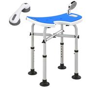 HOMCOM Tabouret de Douche, siège de Douche, Hauteur Ajustable 39-51,5 cm, Barre d'appui à Ventouse, Charge Max. 150 kg, Assemblage sans Outil, Bleu foncé, Argent