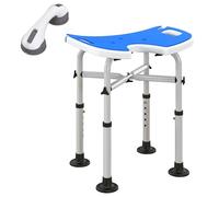 HOMCOM Tabouret de Douche, siège de Douche, Hauteur Ajustable 39-51,5 cm, Barre d'appui à Ventouse, Grands Patins à Ventouse, Charge Max. 150 kg, Assemblage sans Outil, Bleu foncé, Argent