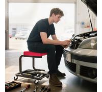 HOMCOM Tabouret de mécanicien tabouret d'atelier mobile charge 135 kg plateau outils roulettes inclus 36,5 x 33,5 x 35 cm rouge