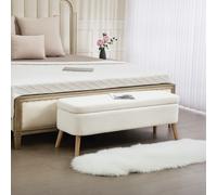 HOMCOM Tabouret de Rangement, Tabouret Rembourré avec 65 L de Stockage, Repose-Pieds, Tissu en Polaire, Bois de Caoutchouc, Mousse, 120 x 42 x 45 cm, Blanc Crème