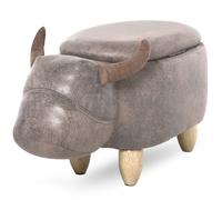 Tabouret Vache - Pouf Vachette - Pouf Taureau Coffre De Rangement 2 En 1 - Pieds Bois D'hévéa Revêtement Synthétique Aspect Daim Vieilli Marron