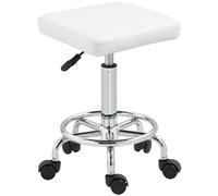 HOMCOM Tabouret pivotant avec roulettes Hauteur réglable 50-66 cm Siège rembourré en cuir synthétique Repose-pieds pour salons et ateliers Blanc