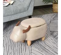 HOMCOM Tabouret Vache - Pouf Vachette - Pouf Taureau Coffre de Rangement 2 en 1 - Pieds Bois d'hévéa revêtement synthétique Aspect Crème