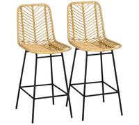 Lot De 2 Tabourets De Bar Style Colonial Piètement Acier Noir Résine Tressée Aspect Rotin Noir