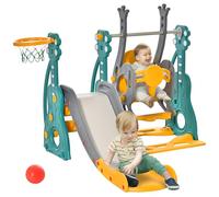 HOMCOM Toboggan et balançoire pour Enfants 4 en 1, Aire de Jeux Tout-Petits avec Panier de Basket, Toboggan, balançoire, siège réglable en Hauteur, pour l'intérieur et l'extérieur, Bleu et Jaune