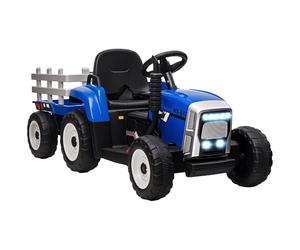 HOMCOM Tracteur électrique avec remorque Amovible, Voiture électrique Enfants de 3 à 6 Ans avec télécommande MP3 Musique Affichage lumières et Ceinture de sécurité, 12V 3-6 km/h, Bleu