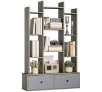 HOMCOM Tree Bookshelf, 12-Tier Floor Standing Bookcase with 2 Foldable Drawers, Freestanding Book Shelf Storage Display Shelving Unit for Living Room, Home Office, Bedroom, Graphite Wood Effect