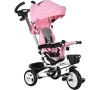 HOMCOM Tricycle 2 en 1 avec barre de poussée, tricycle pour enfants avec ceinture de sécurité, pliable, toit solaire amovible, porte-boisson, panier, pédale, pour enfants de 1 à 5 ans