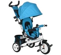 HOMCOM Tricycle 6 en 1 avec barre de poussée pour enfants de 1 à 5 ans jusqu'à 25 kg, tricycle pour enfants avec marche avant et arrière, panier, porte-gobelet, toit pare-soleil, bleu