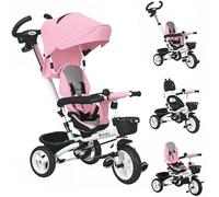 HOMCOM Tricycle bébé évolutif 6 en 1, Tricycle Enfant Pliable avec poignée parentale réglable, Capote, siège réversible, Harnais de sécurité 5 Points, Garde-Corps et paniers, pour 1-5 Ans Rose