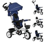 HOMCOM Tricycle bébé évolutif 6 en 1, tricycle enfant pliable avec poignée parentale réglable, capote, siège réversible, harnais de sécurité 5 points, garde-corps et paniers, pour 1-5 ans bleu foncé