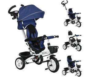 HOMCOM Tricycle bébé évolutif 6 en 1, tricycle enfant pliable avec poignée parentale réglable, capote, siège réversible, harnais de sécurité 5 points, garde-corps et paniers, pour 1-5 ans bleu foncé