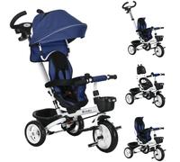 HOMCOM Tricycle Bébé Évolutif 6 en 1 Tricycle Pliable 1-5 Ans Bleu Foncé | Poignée Parentale Réglable, Capote, Siège Réversible, Harnais de Sécurité 5 Points, Garde-Corps et Paniers