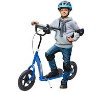 HOMCOM Trottinette Enfant patinette pneus 30 cm Hauteur Guidon réglable poignée Frein et béquille Acier pour Enfants à partir de 5 Ans Bleu