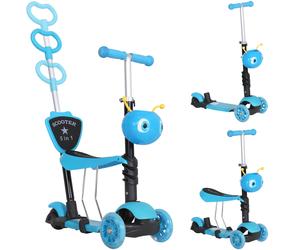 HOMCOM Trottinette pour enfants trottinette 3 roues évolutive 3 en 1 hauteur guidon réglable canne telescopique selle dossier amovible bleu
