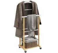 HOMCOM Valet de chambre à roulettes Cintre Intégré Naturel et Blanc