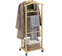 HOMCOM Valet de chambre à roulettes, portant à vêtements en bambou avec double cintre intégré, tige à pantalons, plateau à accessoires et étagère, porte-manteaux pour chambre, buanderie, bois naturel