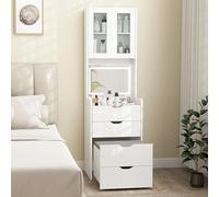 HOMCOM Vanité de Maquillage avec éclairage LED 3 Couleurs, Miroir Rabattable et Tabouret rembourré, Table de Maquillage en Verre Visible avec 3 tiroirs et étagères, pour Les Petits espaces, Dressing,