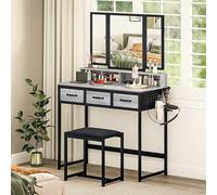 HOMCOM Vanité de Maquillage avec Miroir triptyque Amovible, vanité avec Tabouret, 3 tiroirs en Tissu, étagères, Support pour sèche-Cheveux, Panier en métal, pour Chambre à Coucher, Dressing, Gris