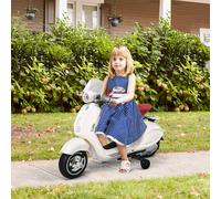 HOMCOM Vespa Scooter électrique Enfants Moto Porteur pour Enfants 6 V dim. 108L x 49l x 75H cm Musique klaxon Phare 2 roulettes auxiliaires, 3-6 ans, Blanc Description:L'aventure attend les enfants av