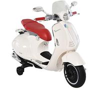 HOMCOM Vespa Scooter électrique Enfants Porteur Moto électrique Enfant 6 V dim. 108L x 49l x 75H cm Musique klaxon Phare 2 roulettes auxiliaires, 3-6 Ans, Blanc