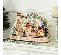 HOMCOM Village de Noël lumineux, village de Noël animé en bois, avec 20 LED, paysage enneigé, 45L x 12l x 30H cm, bois naturel