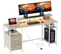 HOMCON Bureau d'ordinateur avec lumières LED réglables, 155,5 x 48 cm, Bureau avec 2 Prises, Ports USB, tiroirs, étagères et Support de Moniteur, Table Informatique pour étudier, Effet Bois Naturel