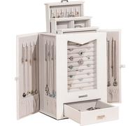 Homde Boîte à bijoux avec fenêtre en verre véritable Crochet pour colliers Boîte à bijoux pour colliers Bagues Boucles d'oreilles Bracelets, cadeau pour femme, Blanc