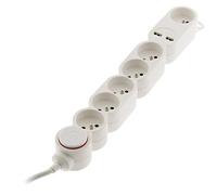 Home 6 prises 16A 2P+T + 2x USB 2,1A avec interrupteur et fiche extraplate - Blanc - câble HO5VV-F 3G1 1,5m