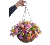 Home and Outdoors Panier suspendu en soie pour pot de fleurs artificielles Marguerites rouges et fleurs roses Violet (grand panier)