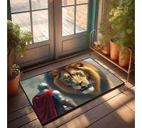 Home Bar Decor A Knight Faces An Enormous Lion Paillasson Automne Tapis de porte de ferme Extérieur (65 x 90 cm)