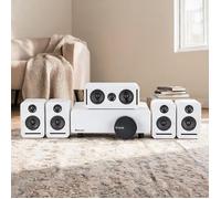 Home cinéma sans fil 5.1 Dolby Atmos en blanc doux, structure MDF et métal, idéal pour salon et appartement