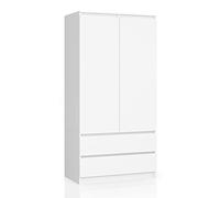 Home Collective Armoire Blanche, Armoire avec 2 Portes et 2 tiroirs, Largeur 90cm, Hauteur 180cm, Tringle à vêtements, penderie, Chambre à Coucher, Salon