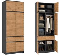 Home Collective Armoire Multifonction, 100 cm, Coloris chêne et Anthracite, avec aménagement intérieur modulable, tringles à vêtements, étagères et 2 tiroirs, avec rehausse d’Armoire