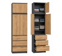 Home Collective Armoire, penderie Anthracite/chêne multifonctionnelle pour Chambre, entrée ou Bureau, avec rehausse 2 Portes, 3 étagères et 3 tiroirs
