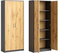 Home Collective Armoire Polyvalente avec 5 Compartiments et 2 Portes, 74x35x180 cm - Rangement Pratique pour Bureau, entrée, Cuisine ou buanderie - Stable, Facile d’Entretien | Graphite/Chêne