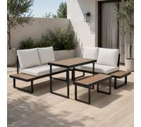 Home Collective Ensemble de meubles de jardin - 4 pièces - 2 canapés - 1 banc et 1 table de 110 cm - Coussins amovibles en polywood beige - Pour jardin, terrasse, balcon - Noir